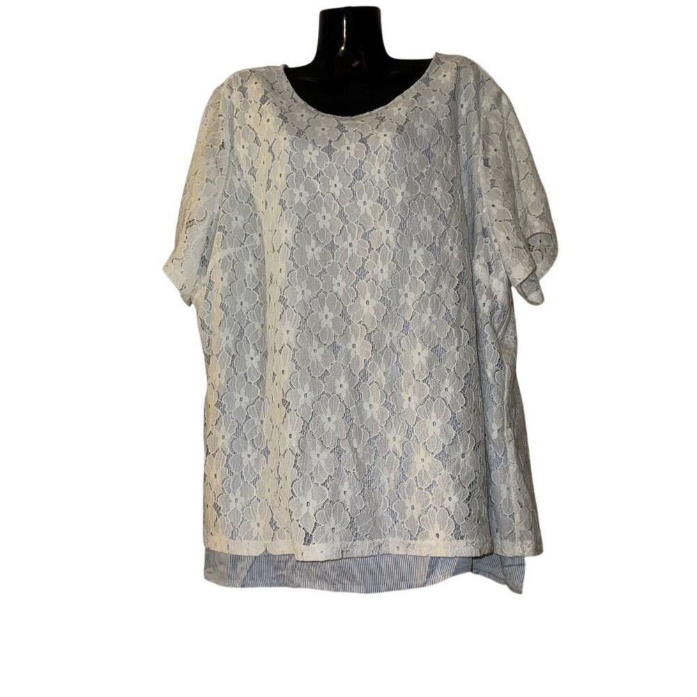 CJ Banks White Floral‎ Lace Split Back Striped Layered Top Plus Size 3X